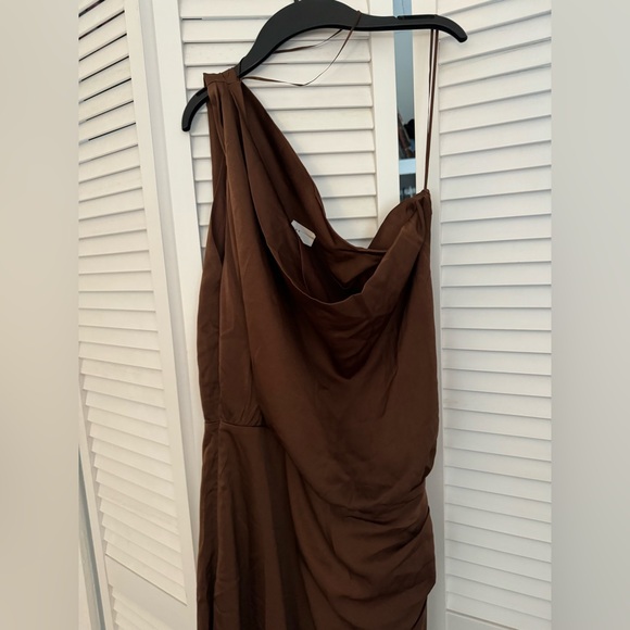 Chocolate satin midi dress. Off shoulder.  Midi length. Never once. - Picture 6 of 10